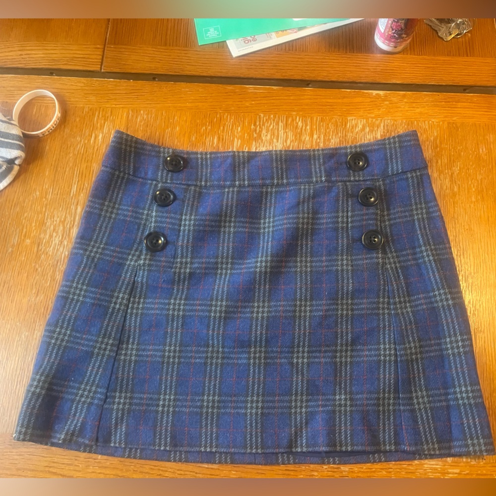 Wool blend blue plaid mini skirt with buttons